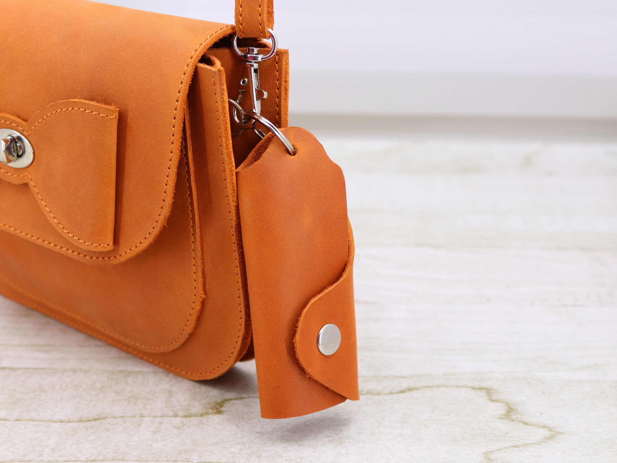 Leather Minimalistic Orange Key Organizer Case with Button, Key Holder/ Orange