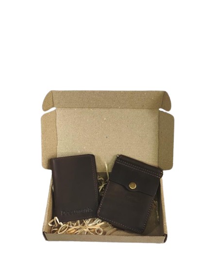 Gift set DNK Leather No. 10 (clip + cover for rights, ID passport) brown