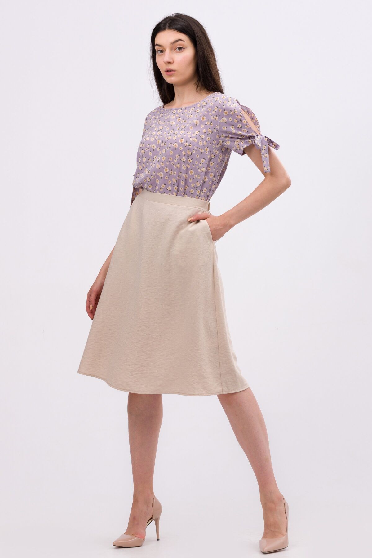 Beige viscose linen skirt with an elastic band 6259
