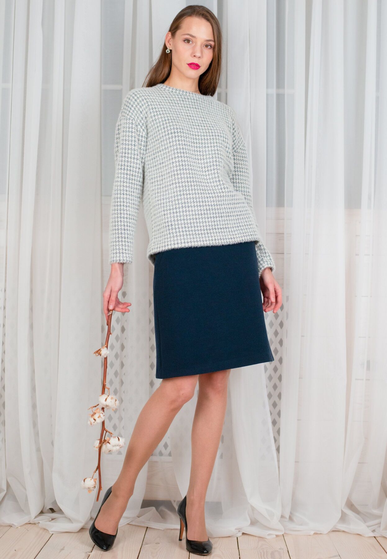 Warm blue skirt made of natural wool fabric 6256