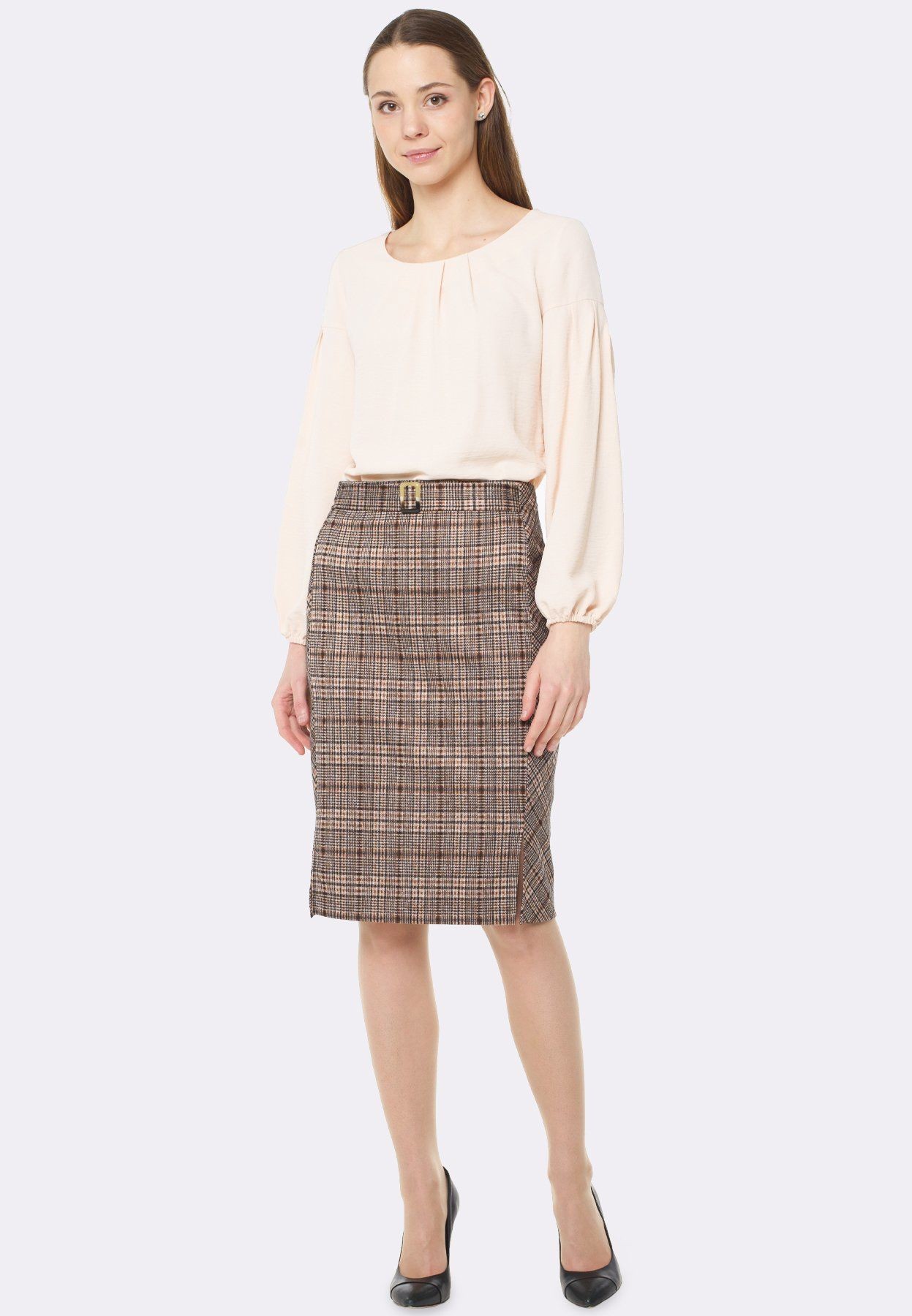 Skirt from knitwear in a check belt with a buckle 6250