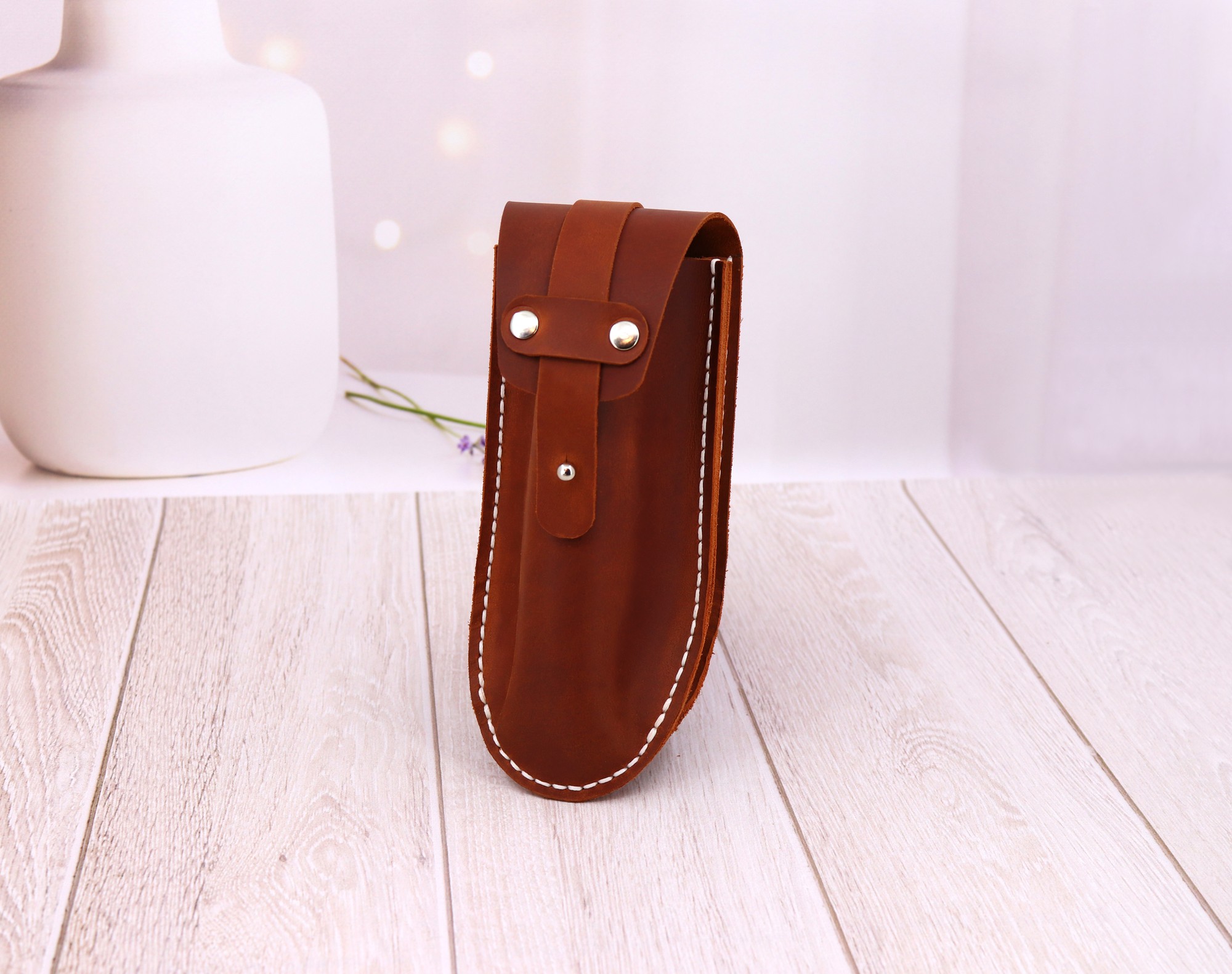 Double handmade leather glasses case on metal belt clip / Brown