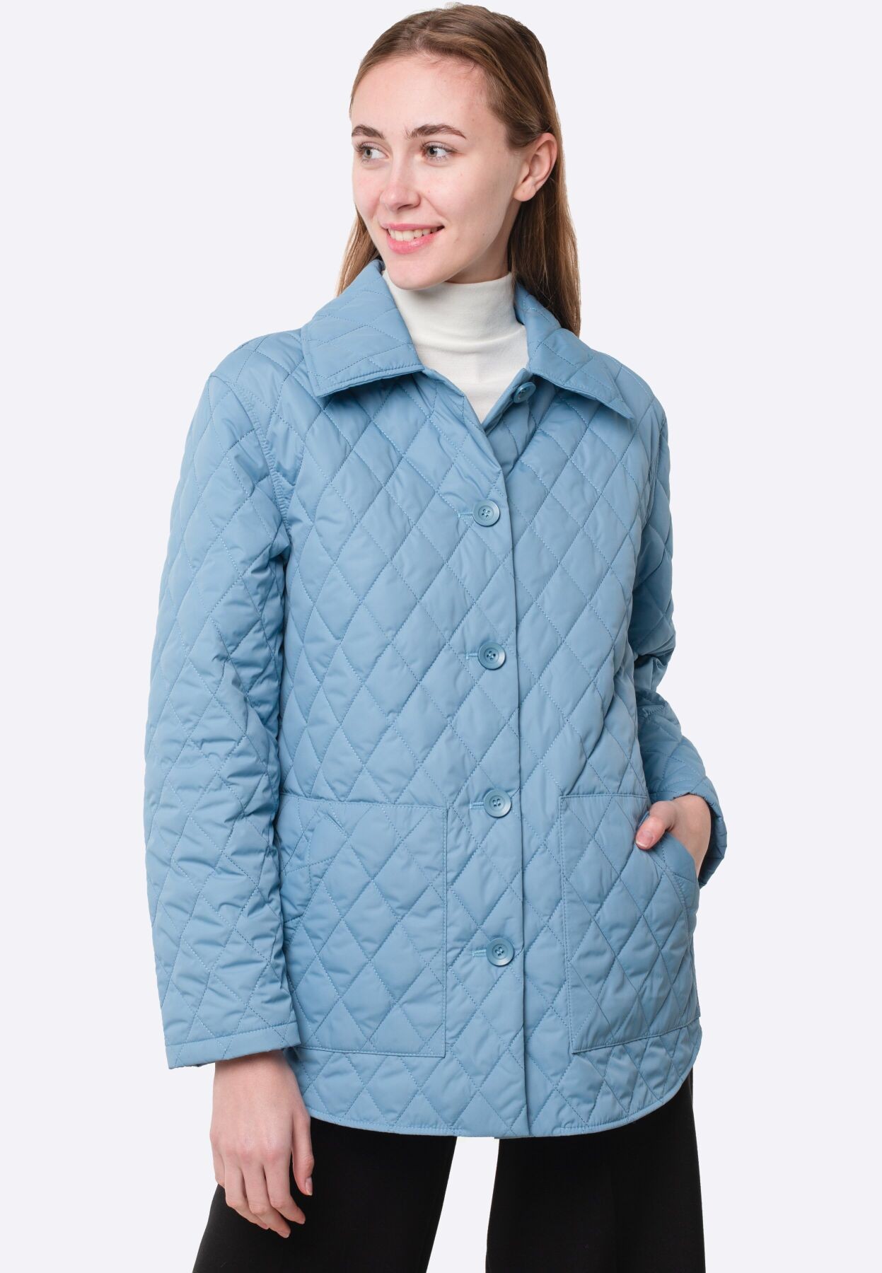 Long quilted jacket of blue color 4417