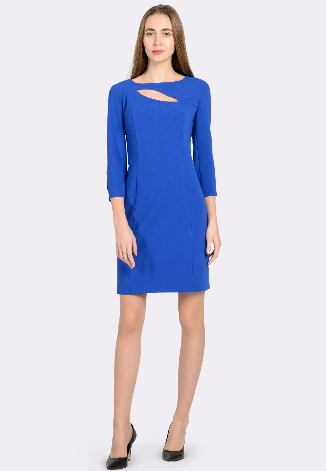 Sheath dress is bright blue with curved cutouts 5566