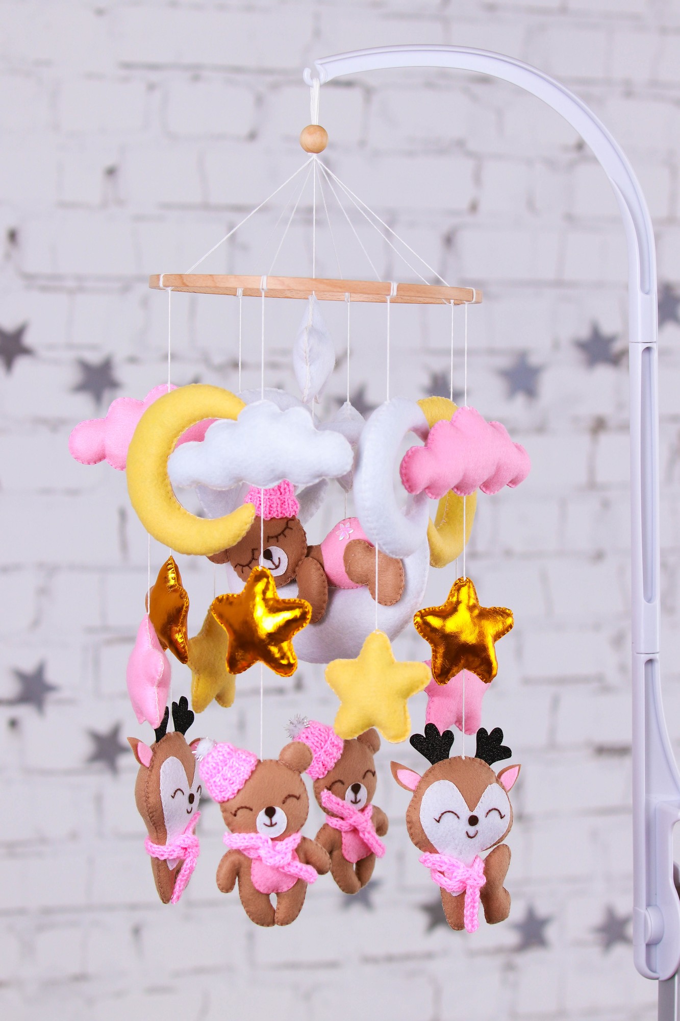 Musical baby mobile with bracket, Baby mobile "Bears and deers" for girl
