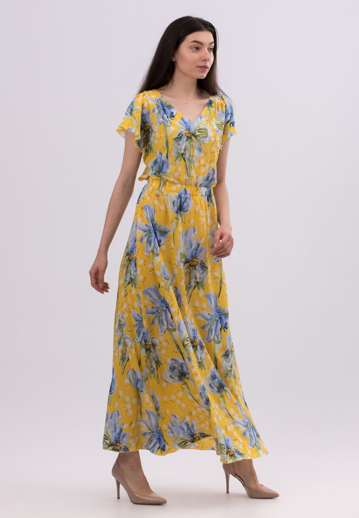 Yellow maxi dress with an expressive floral print 5699