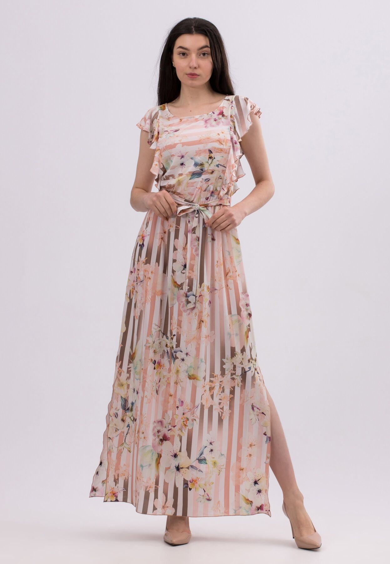 Stretch chiffon maxi dress with delicate floral print 5698