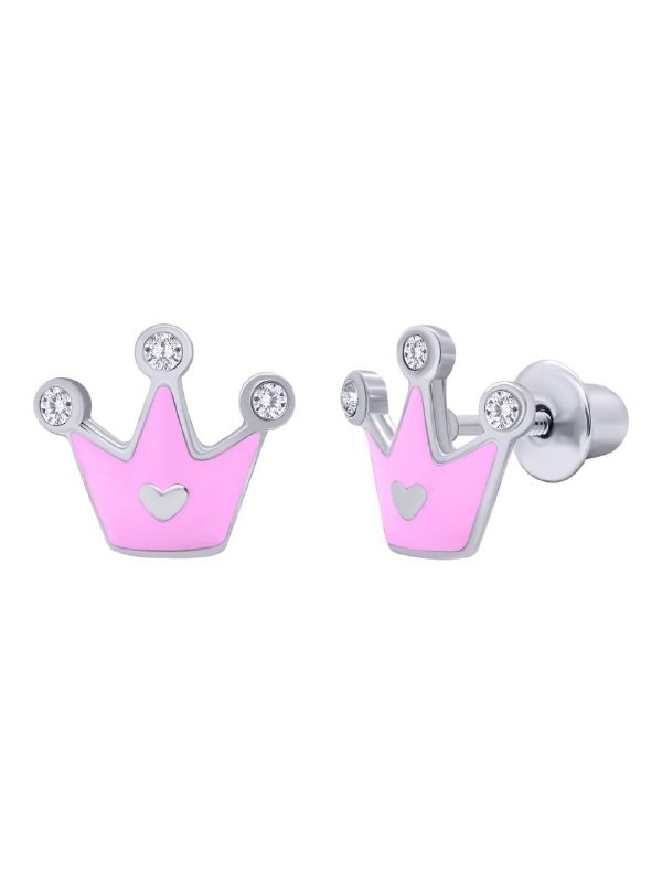 Earrings Crown with a Heart with pink enamel and Cubic Zirconia