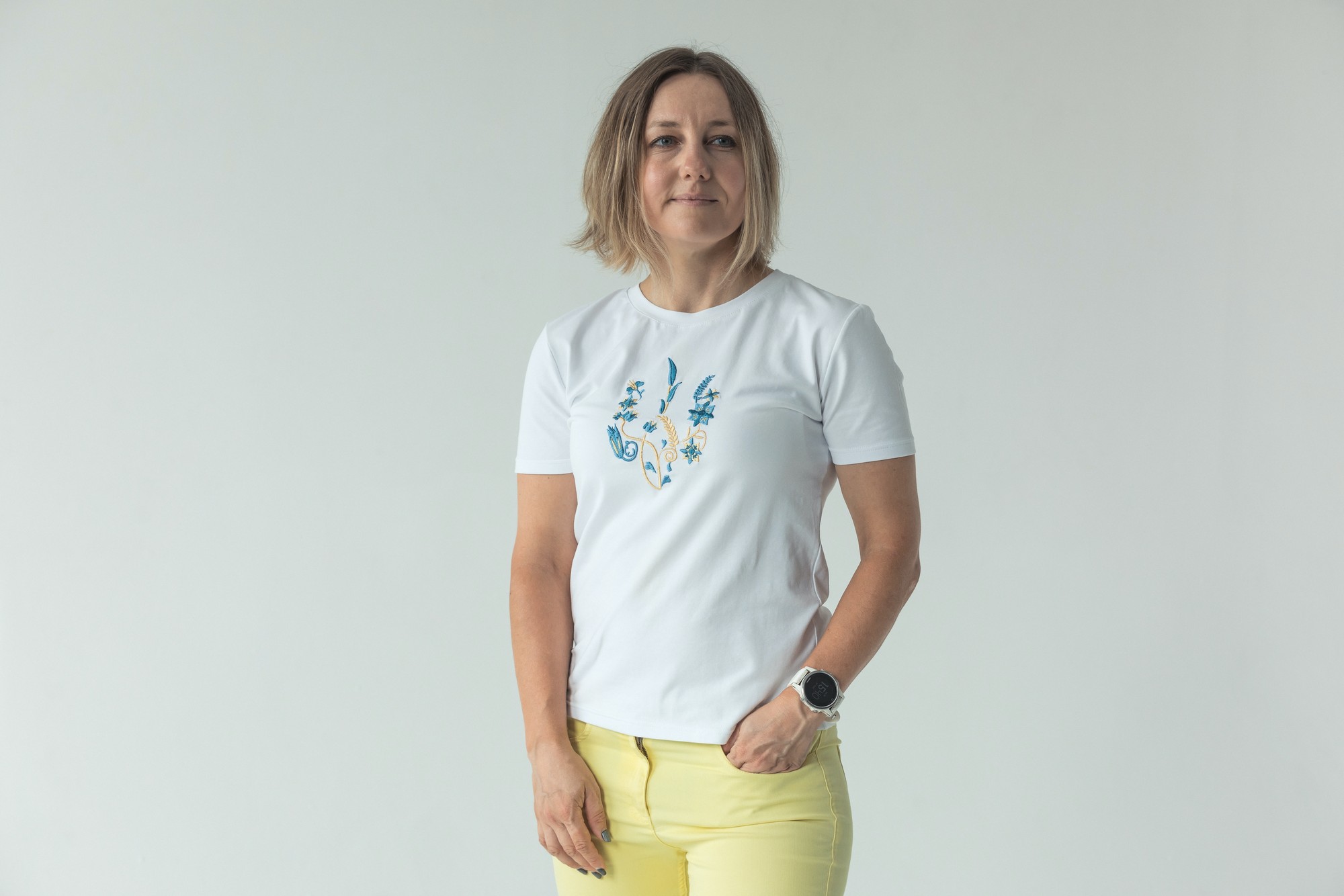 Women's t-shirt with embroidery "Picturesque trident" white. Support Ukraine.