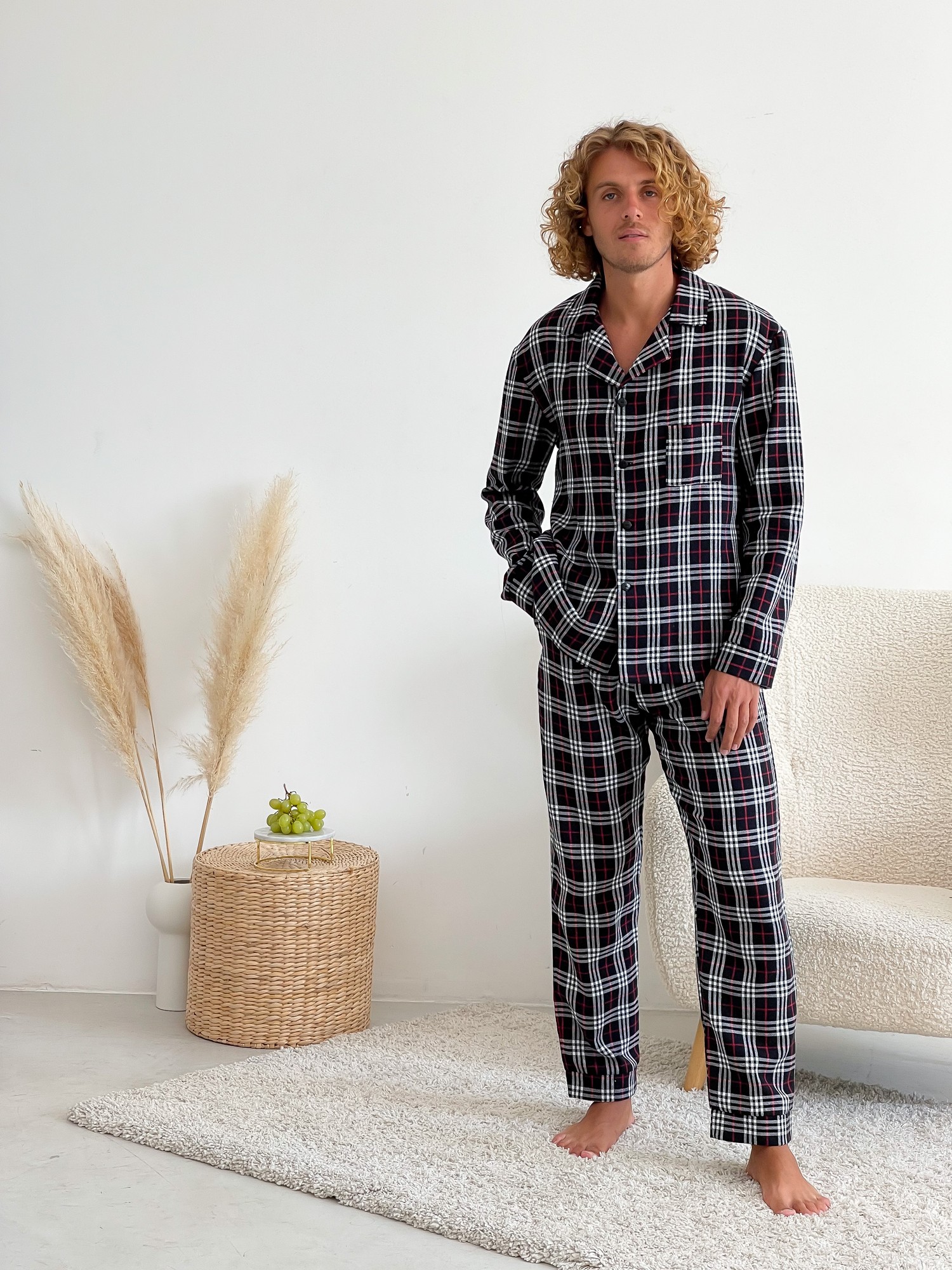 Men's Pajamas Home Suit Flannel COZY (Pants + Shirt) Black/Red/White F301P