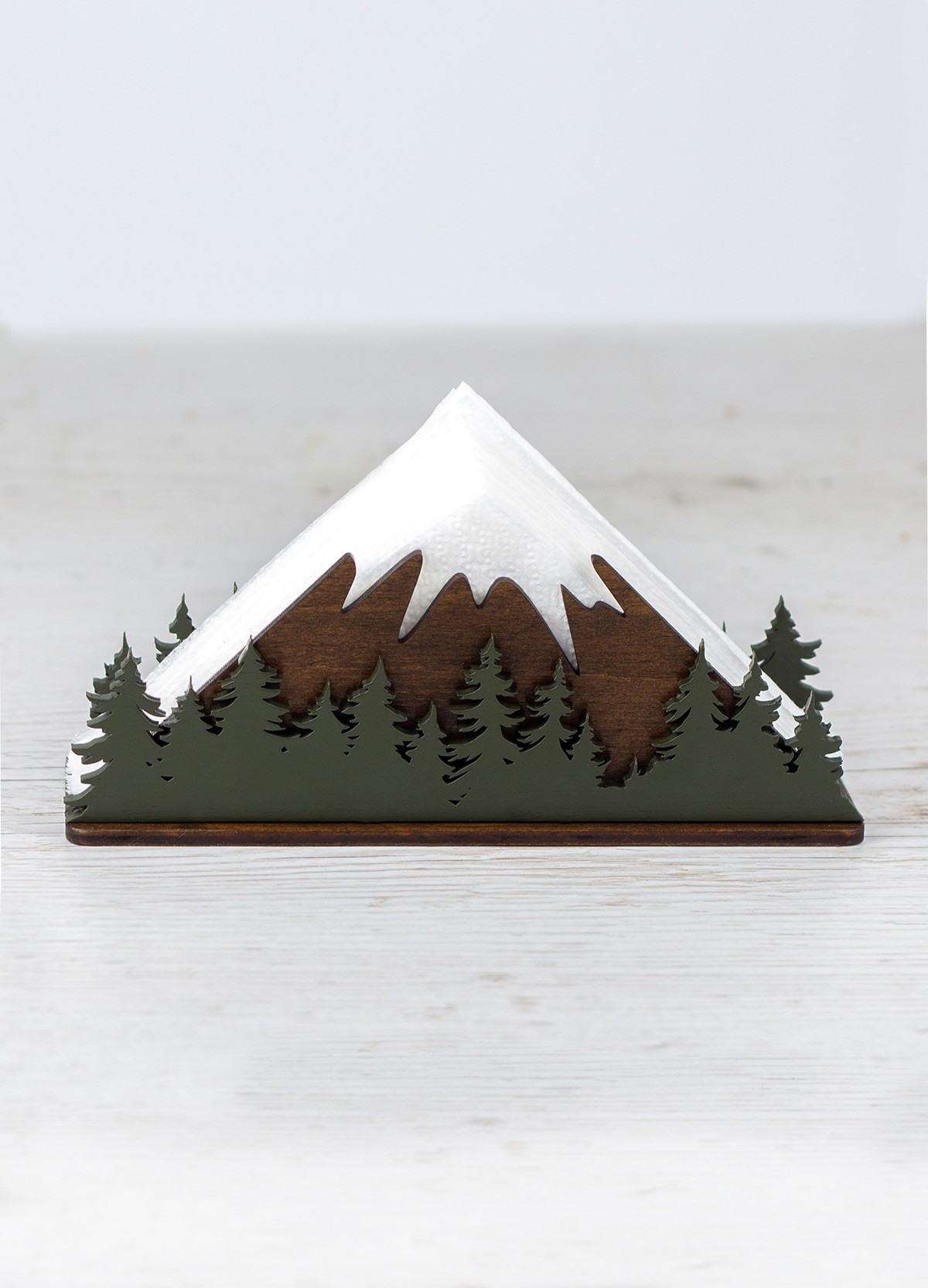 Wooden Cocktail Napkin Holder with Mountains & Forest Design