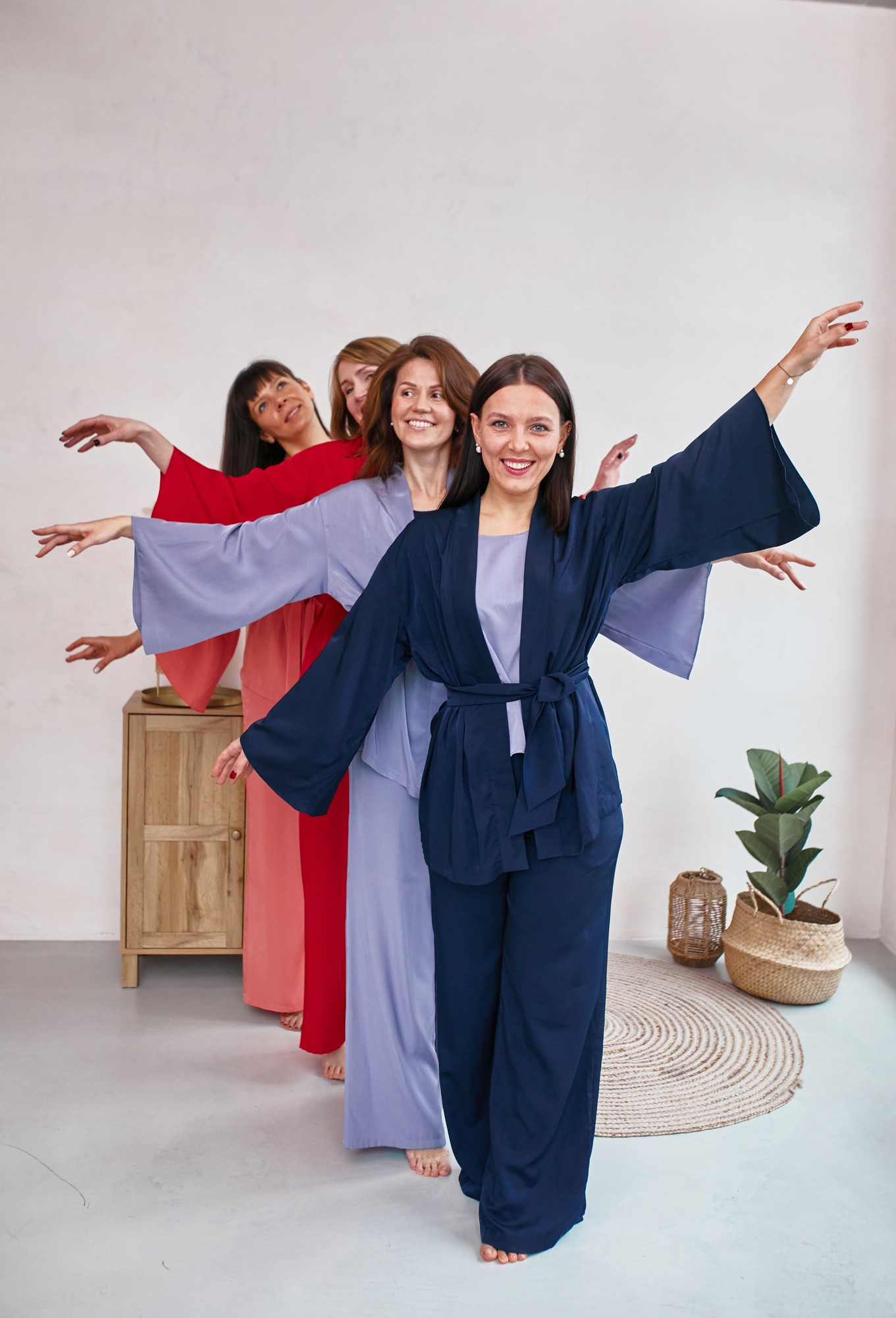 Japanese style pajama set. Loose fit loungewear 3 pieces set. Navy blue robe and pants with purple blouse