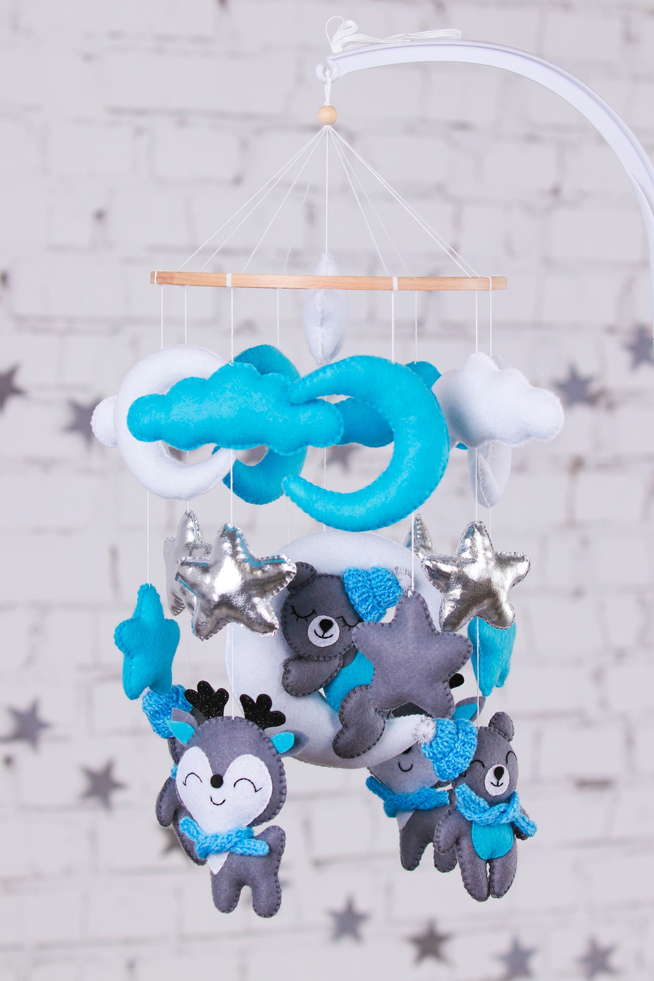 Musical baby mobile with bracket, Baby mobile "Bears and deers" for boys