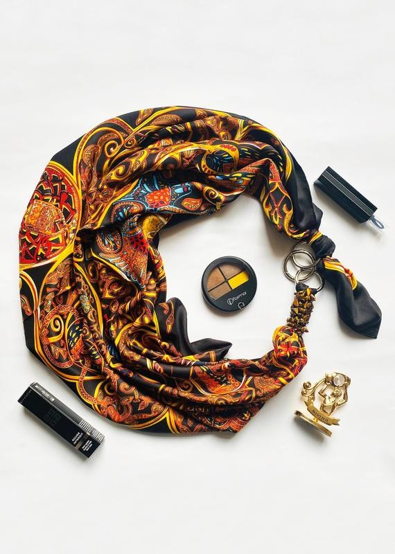 Silk scarf My Scarf "Golden autumn in Ukraine " luxurious print. Decorated with natura tiger's eye  stone