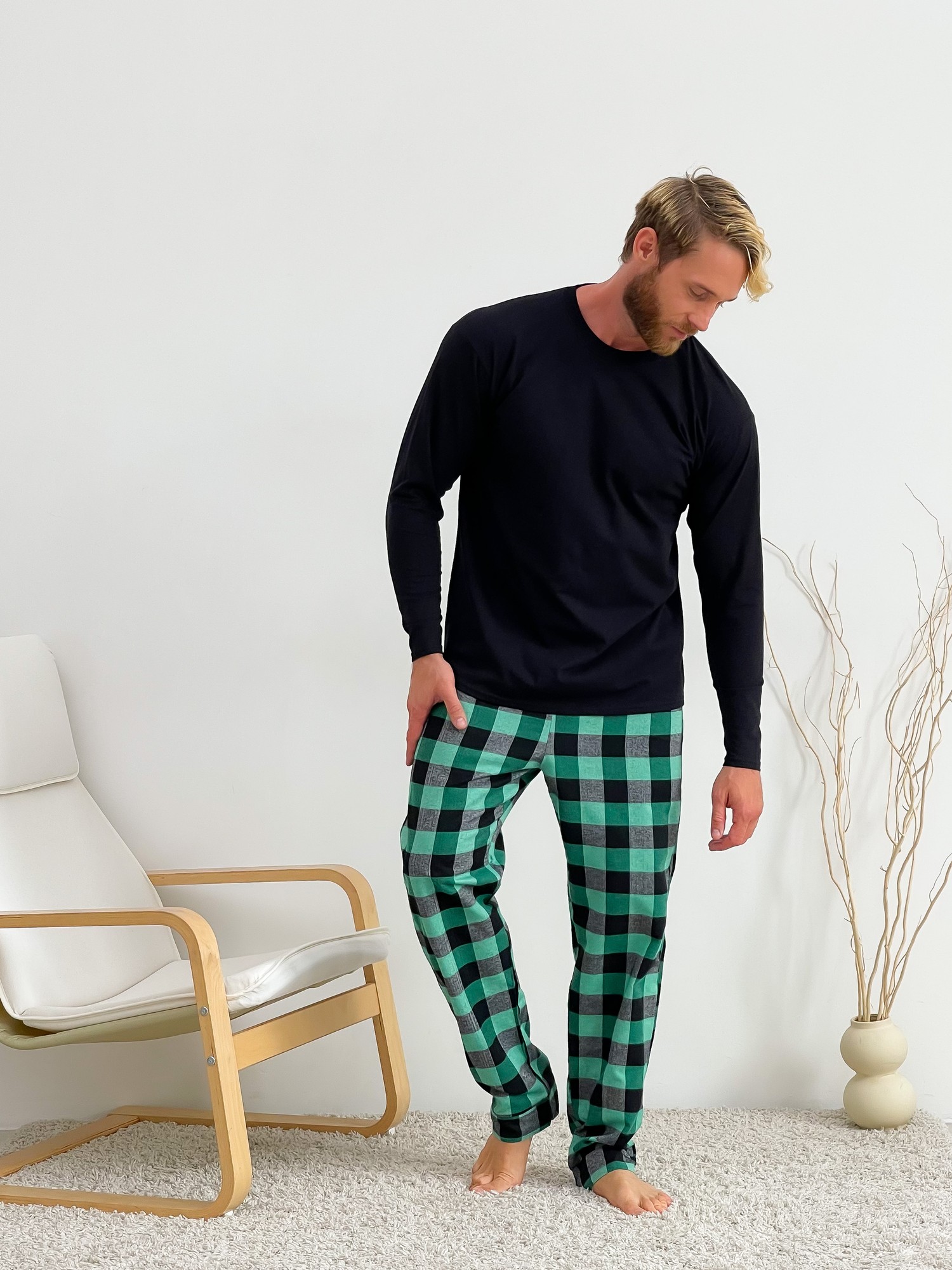 Home Pajamas for Men COZY Flannel Home Suit (Pants+Longsleeve) Green/Black F200P+L02