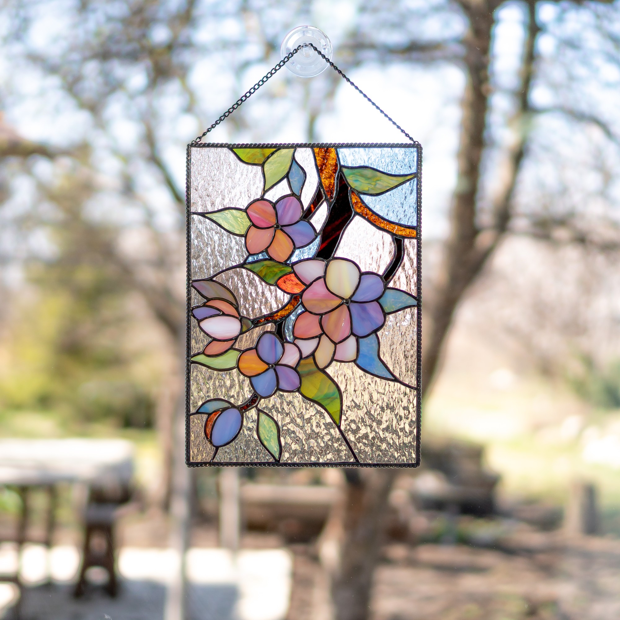 Cherry blossom stained glass window panel