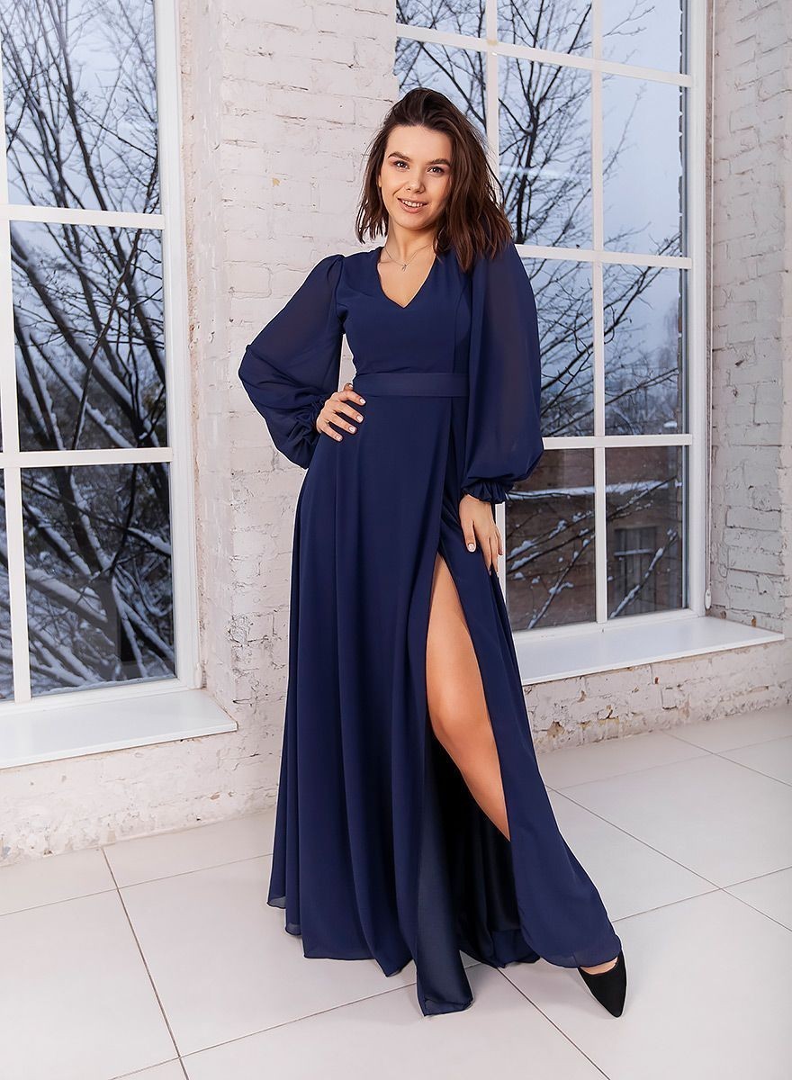 Dark blue floor-length chiffon evening dress